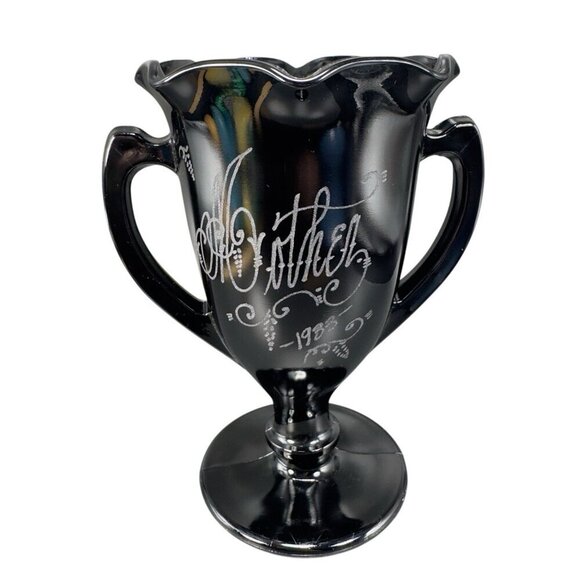 L E Smith Black Amethyst Glass Dancing Nymphs Trophy Glass Vase Etched Vintage - Picture 2 of 14